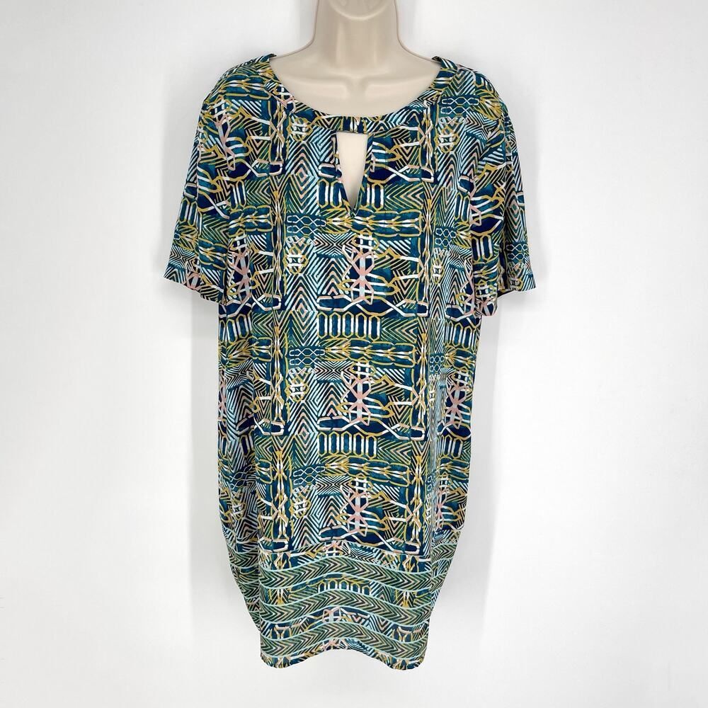BCBGMaxAzria Andie Short Sleeve Boxy Fit Mini Dress Sz L Shift Blue Geometric
